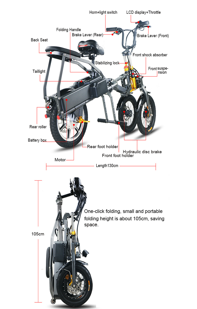 14 Inch Mini Electric Tricycle Bike , Electric Foldable Tricycle With 3 Wheels