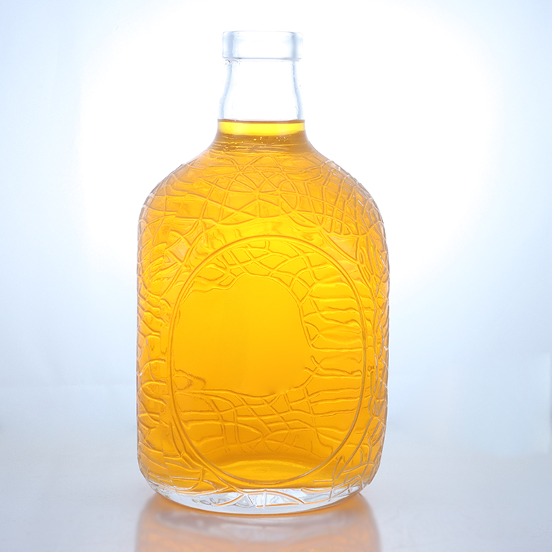 Unique Round Shape Embossed Food Grade Rum Vodka Whisky Tequila Gin Glass Bottle with Cork Perfect