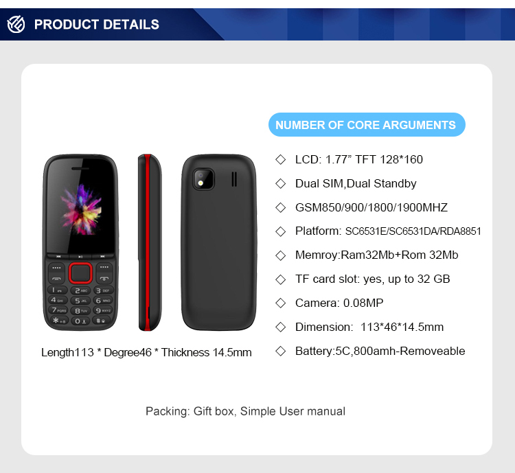 Candy Bar Cell Large Keypad Mobile Phones 1.8 Inch Dual Sim Ram32Mb