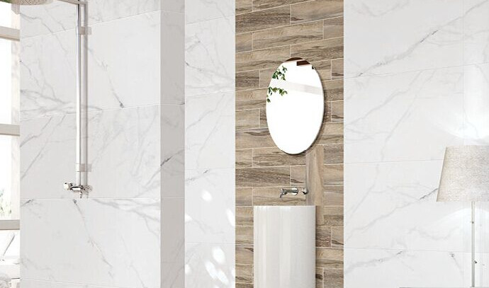 Super White Carrara Polished Porcelain Tile / Ceramic Marble Floor Tiles