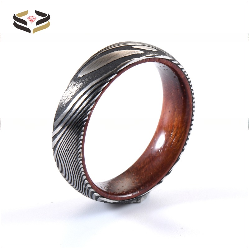 6mm 8mm Etched Damascus Steel Wedding Rings With Rose Wood Sleeve Inlay For Christmas Gift Jewelry Type Rings Materials