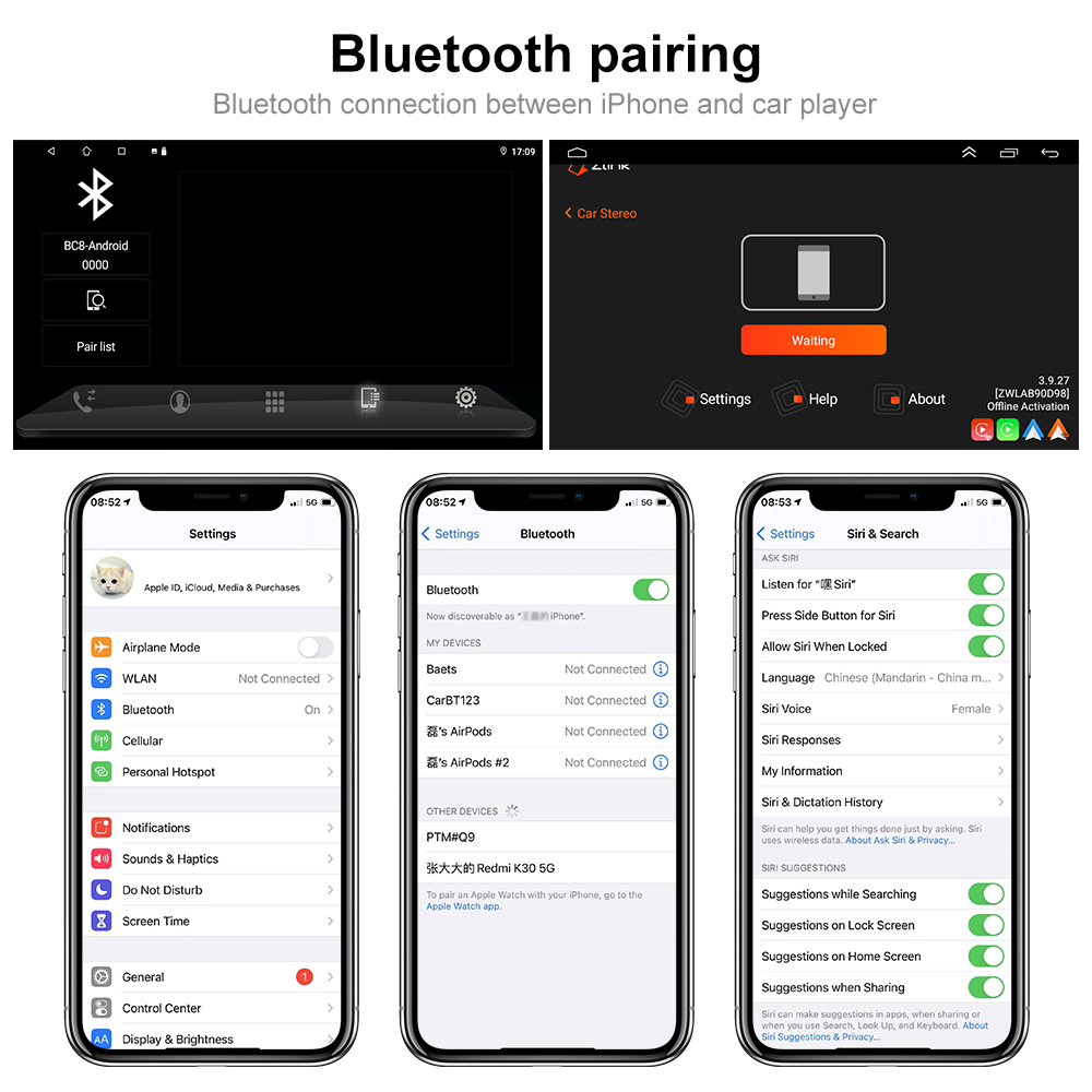 Wireless/Wired Carplay Android Auto Bluetooth FM Mirror Link Car Stereo 4 Core CPU 9" Screen Size MP5 Radio