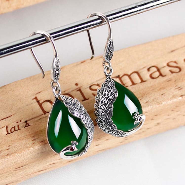 Thai Sterling Silver Green Chalcedony Drop Retro Earrings (E170619GREEN)