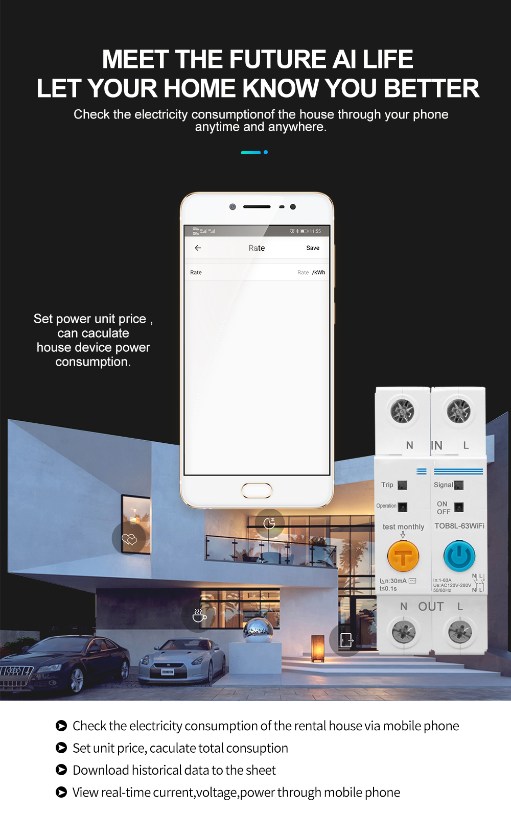 Intelligent WIFI Circuit Breaker with 2Poles 63A