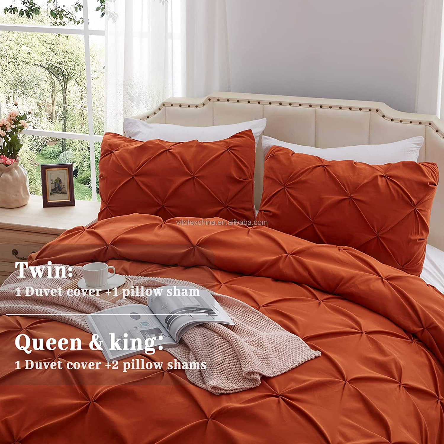 Queen Size Solid Pinch Pleat Pintuck 3-Piece Duvet Cover Set with Diamond Embroidery