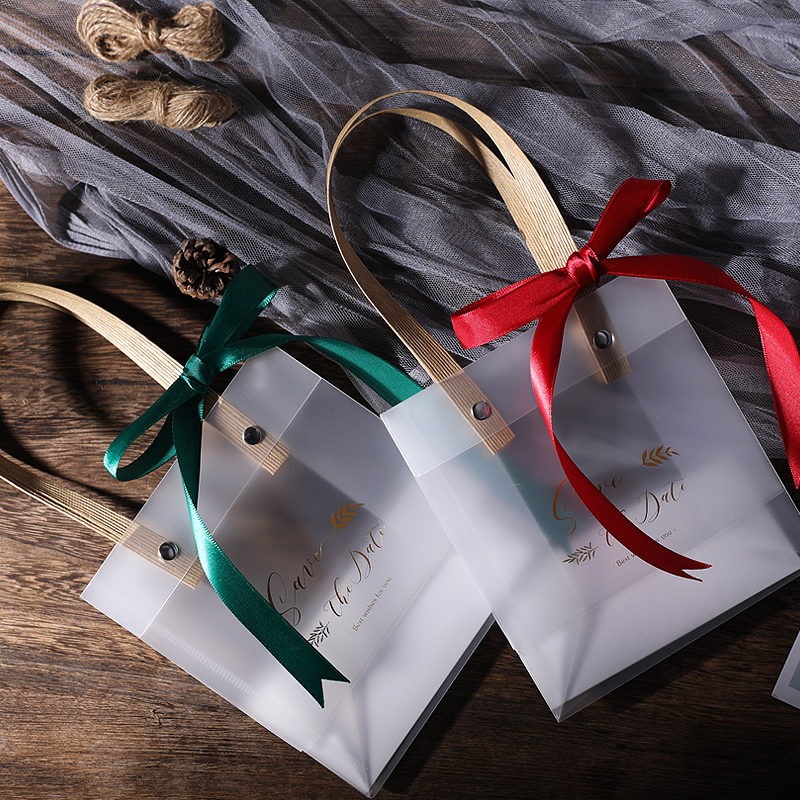 Semi Clear Plastic Gift Bags With Brown Handle Wedding Gift Packaging Bags Birthday Handbag Party Favors PP Gift Wrap