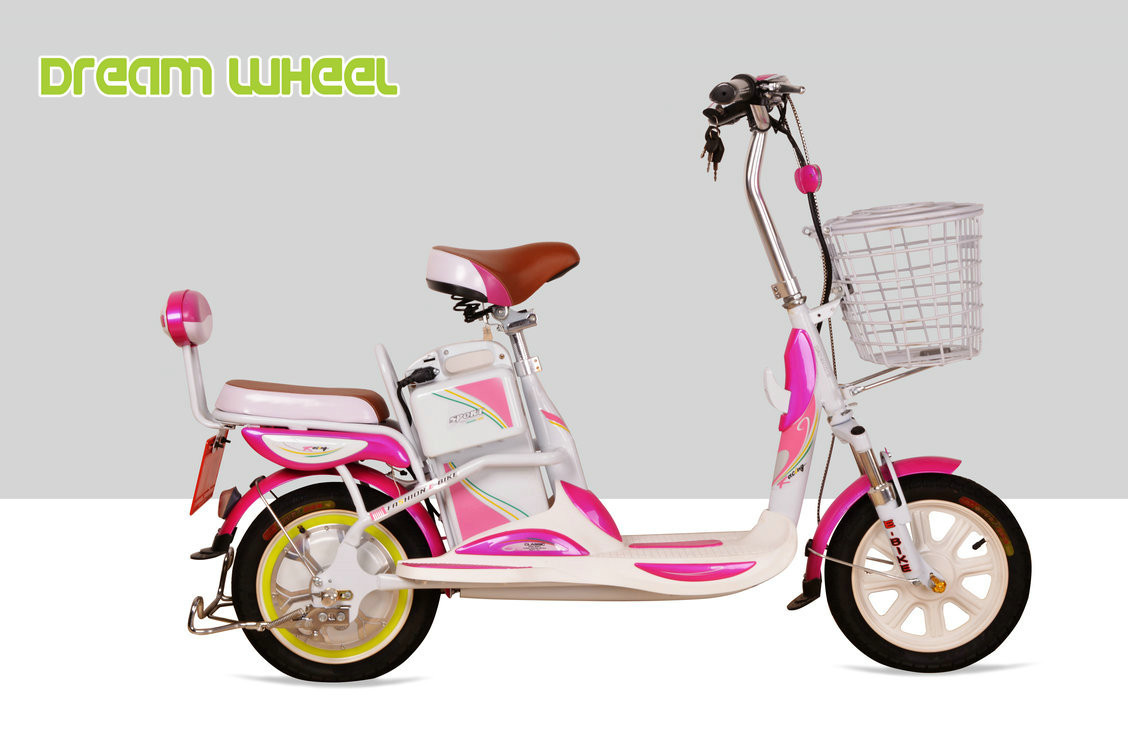 Mini Cool Pedal Assist Electric Bike 350W 48V Pink White Fashion Throttle System