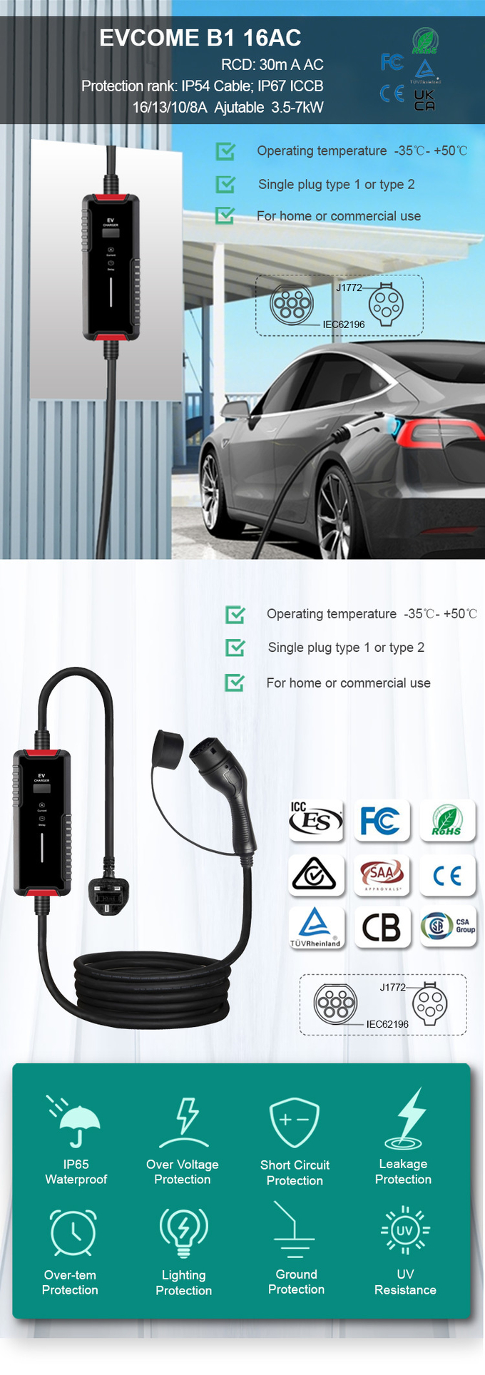 EVCOME Portable Ev Charger (220V 8A 10A 13A 16A) 5M Or Customized Cable With SAE J1772 IEC 62196 GBT