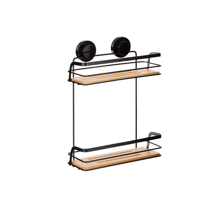 Black Bamboo Bathroom Shower Rack With Easy-Lock Suction Wall Mounted Basket Shelf
