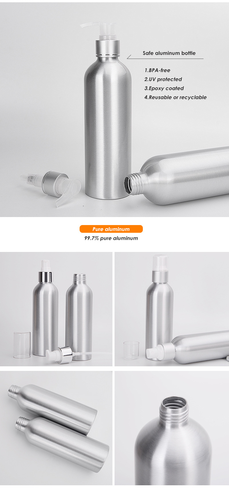Customizable Logo and Color 300ml 500ml 16oz 32oz Empty Cosmetic Silver Perfume Aluminum Bottle for Personal Care