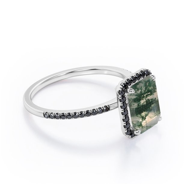 Halo-style Emerald Cut Moss Green Agate With Lab Created Engagement Ring With Pave Accents