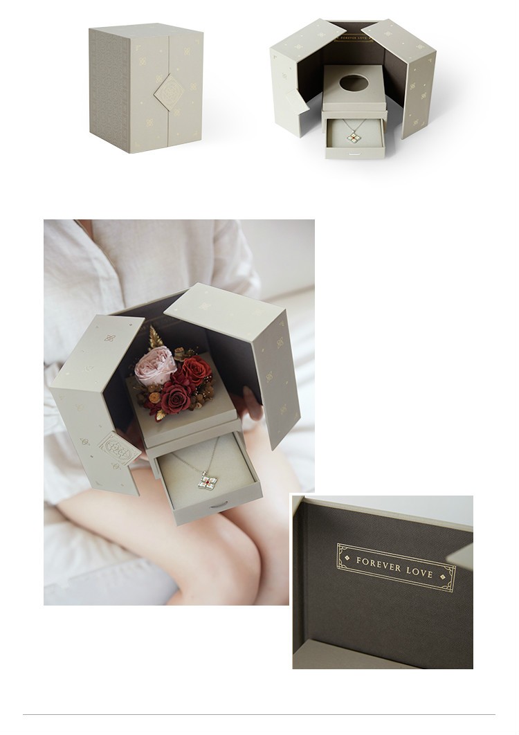 Square Rose Paper Cardboard Jewelry Gift Box with Drawer and Custom Gold Foil Stamping