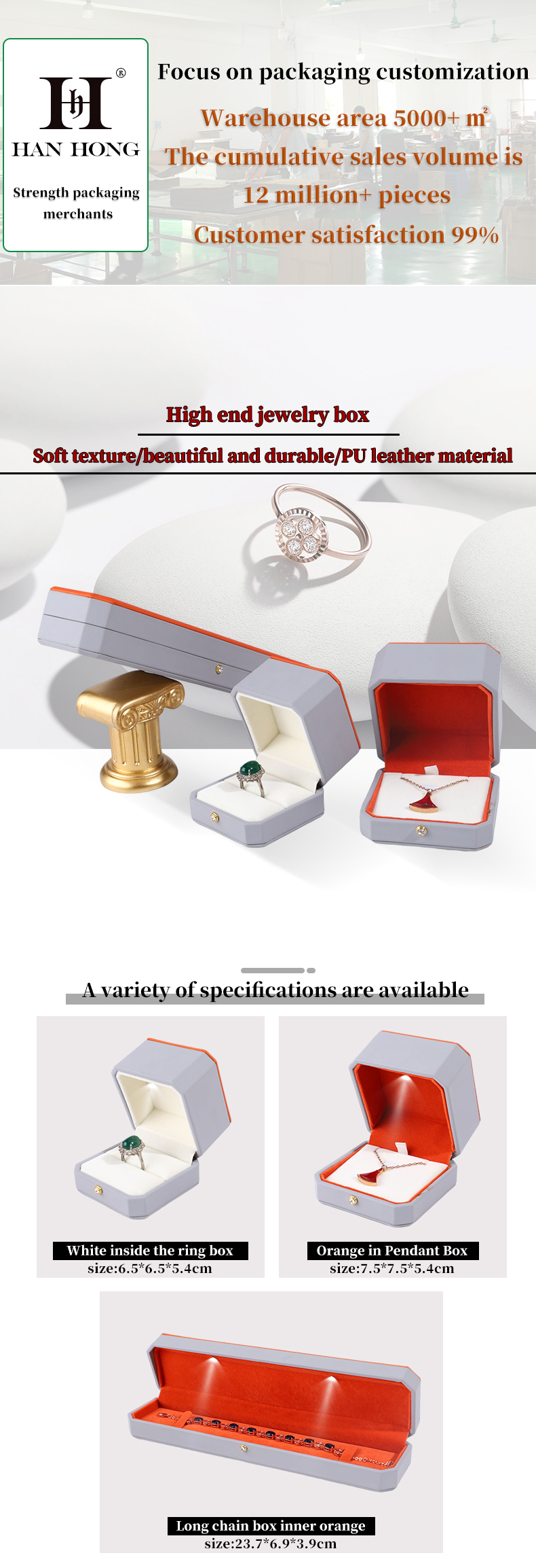 Luxurious Jewelry Package Hanhong Custom Gray Leather Box for Rings and Pendants
