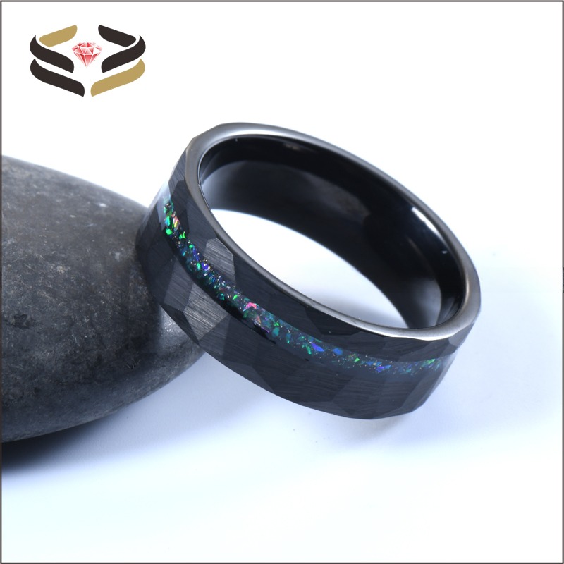 Men Faceted Black Tungsten Wedding Rings 8mm with Pearl Type Inlay Galaxy Opal Inlay