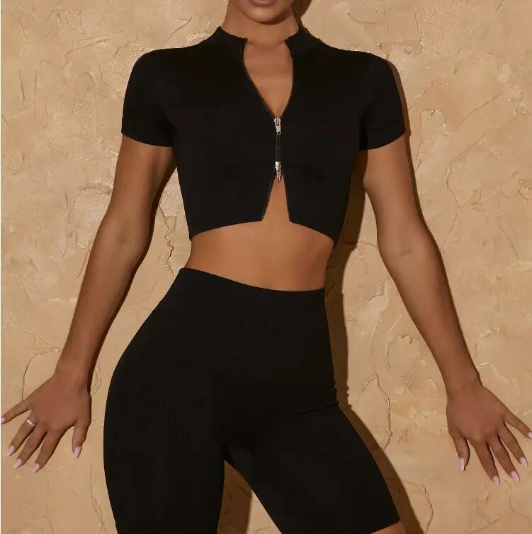 Ribbed Yoga Set Zipper Natural Color Activewear Suit Jogger Seamless Sportswear Fitness Workout Gym Clothing