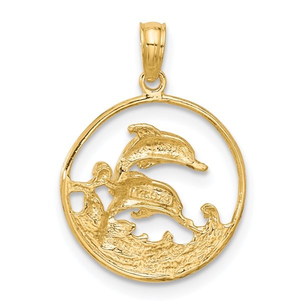 Carat in Karats 14K Yellow Gold Double Dolphin Circle Pendant Charm With 10K Yellow Gold Lightweight Rope Chain Necklace