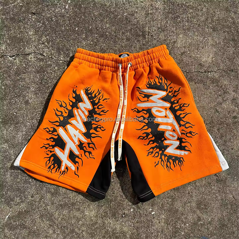 Custom Cotton Streetwear Jogger Baggy Acid Wash Puff Print Casual Plus Size Sweat Shorts