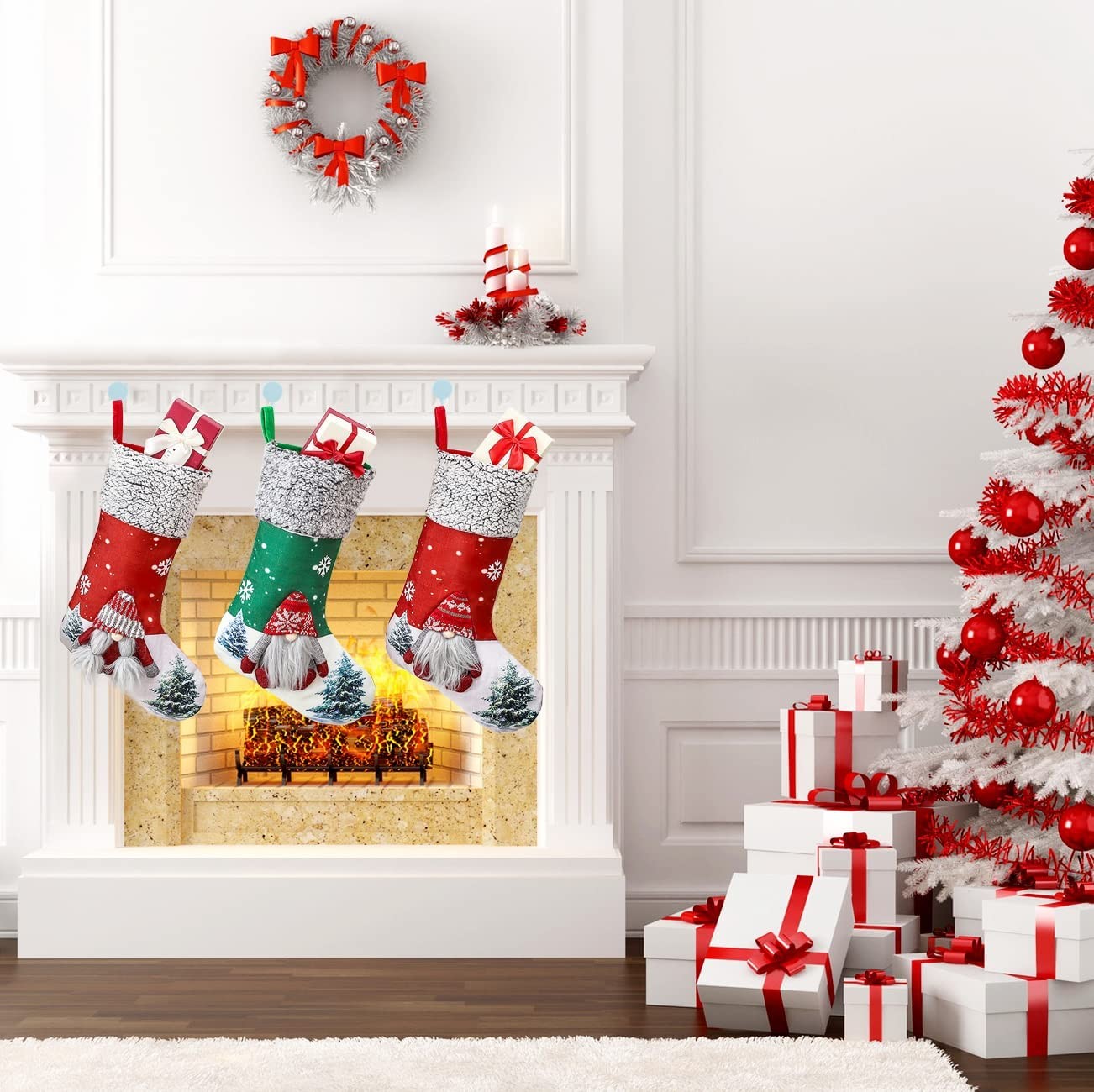 Christmas Stockings 3Pack, 18" Large 3D Gnome Santa Xmas Stockings Decorations with Plush Faux Fur Cuff,