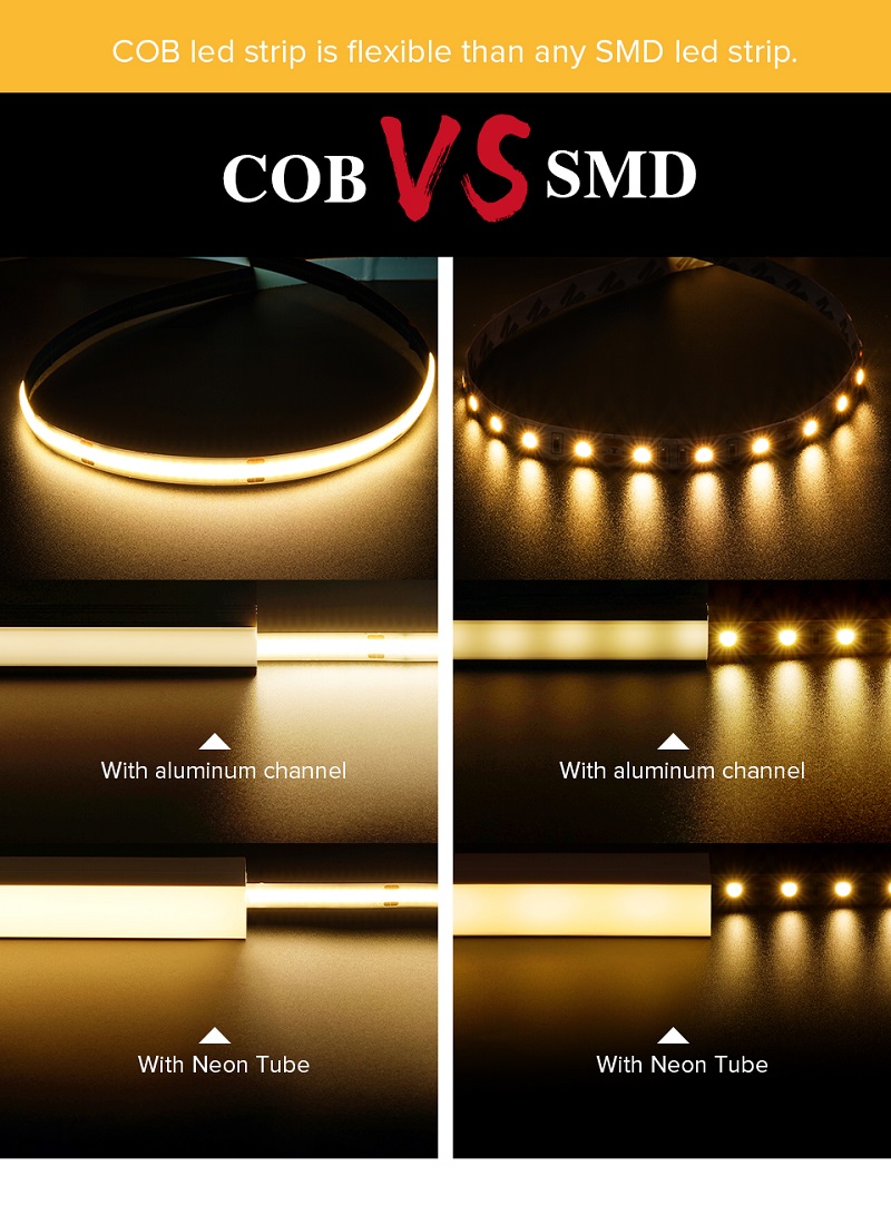 High Brightness 480leds 8mm10mm 12V24V COB LED Strip Light for Warm Natural White Lighting
