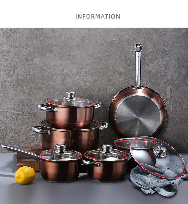 Factory Direct Sale Kitchen 12 Pcs Red Bronze Cooking Pans And Pots Cookware Stainless Steel Cookware Sets