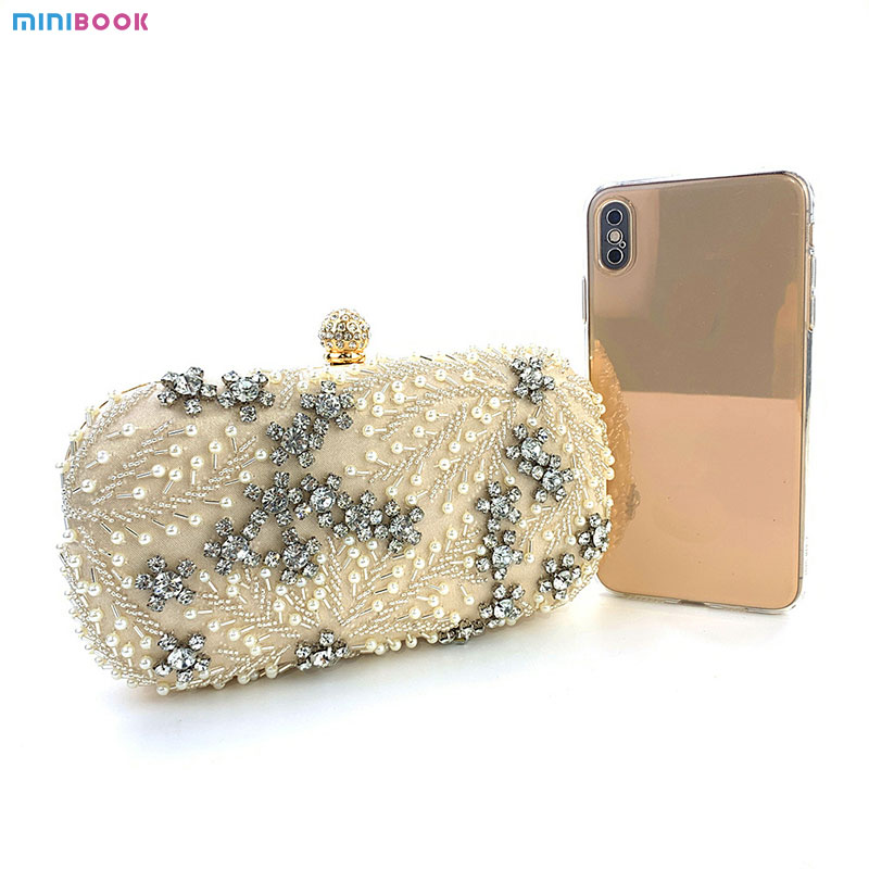 Availiable Sample Pearl Shining Diamond Rectangle Hand Bag for Ladies Wedding Handbag