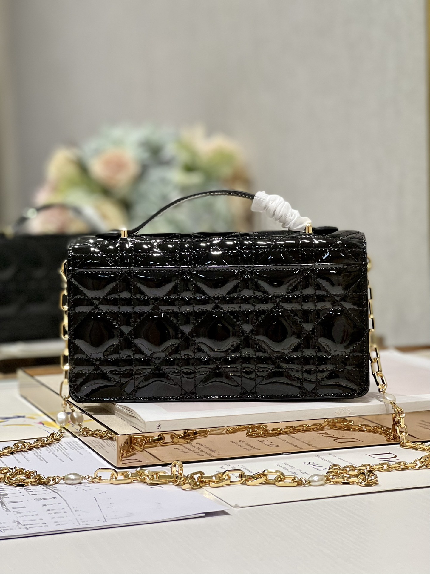 Branded Lady Dior Patent Clutch Small Pearl Black Flip Closure