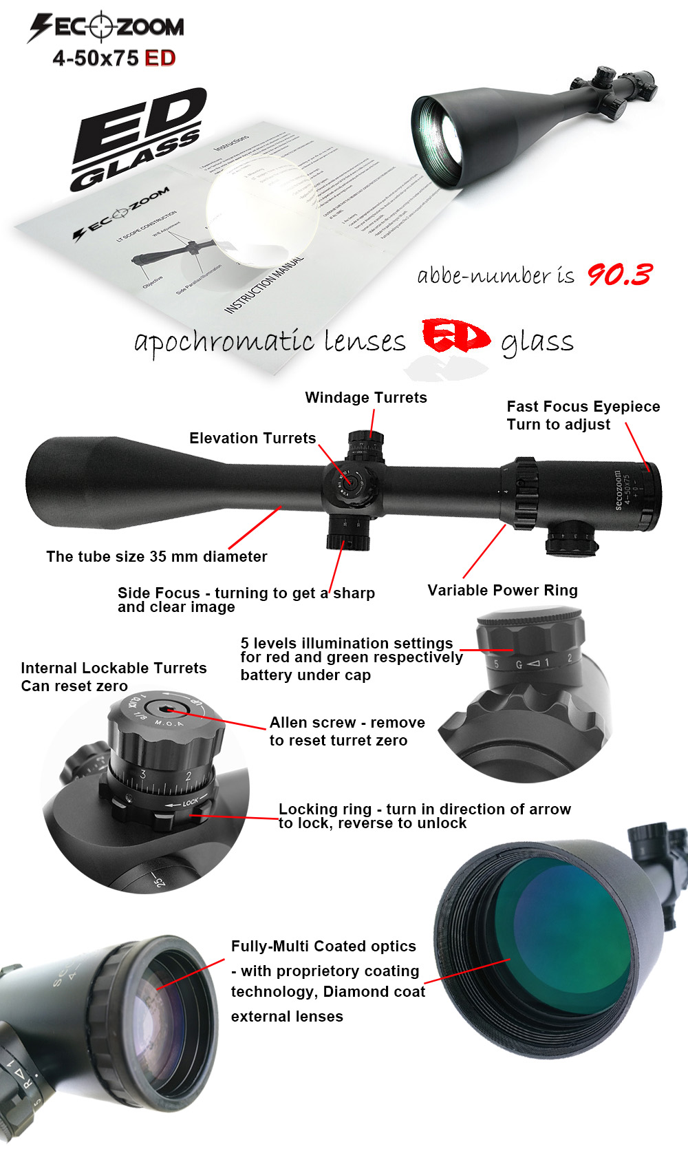 Tactical Optical Scope 4-50x75 ED FFP Red & Green Illuminated Reticle Long Range Hunting Sight