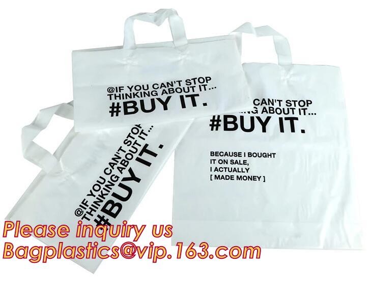 Custom Printed Stand Up Block BottomSoft Loop Handle Plastic Carrier Shopping Bag，Plastic Soft Loop Handle Bag for Shopp