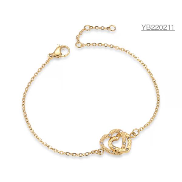 OEM Precious Stones Double Heart Ring Bracelet 18k Stainless Steel Buckle
