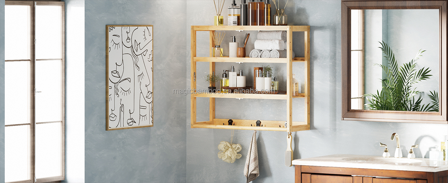 OEM Bamboo Bathroom Wall Shelf Over Toilet Storage With Hooks