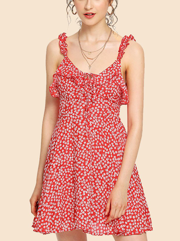 2018 fashion summer ruffle floral red mini backless dress for women