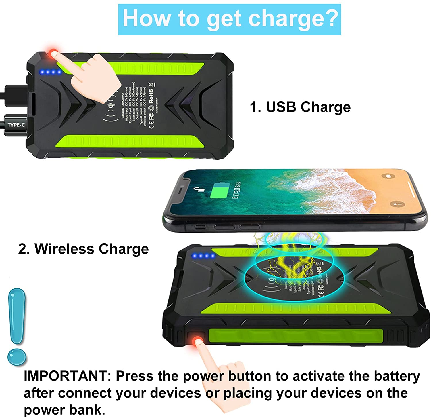 30000mAh Solar Charger Power Bank 36000mah Solar Power Bank 133.2W Wireless Charging