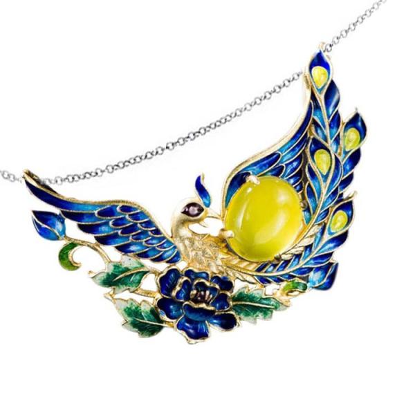 Gold Plated Fashion Enamel Phoenix Pendant Necklace with Silver Chain 18 inches