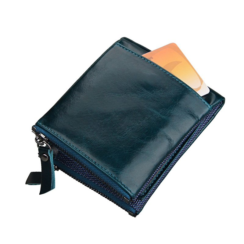 Crazy Horse RFID Credit Card Holder Blocking Vintage Double Zipper Genuine Leather Men's Wallet