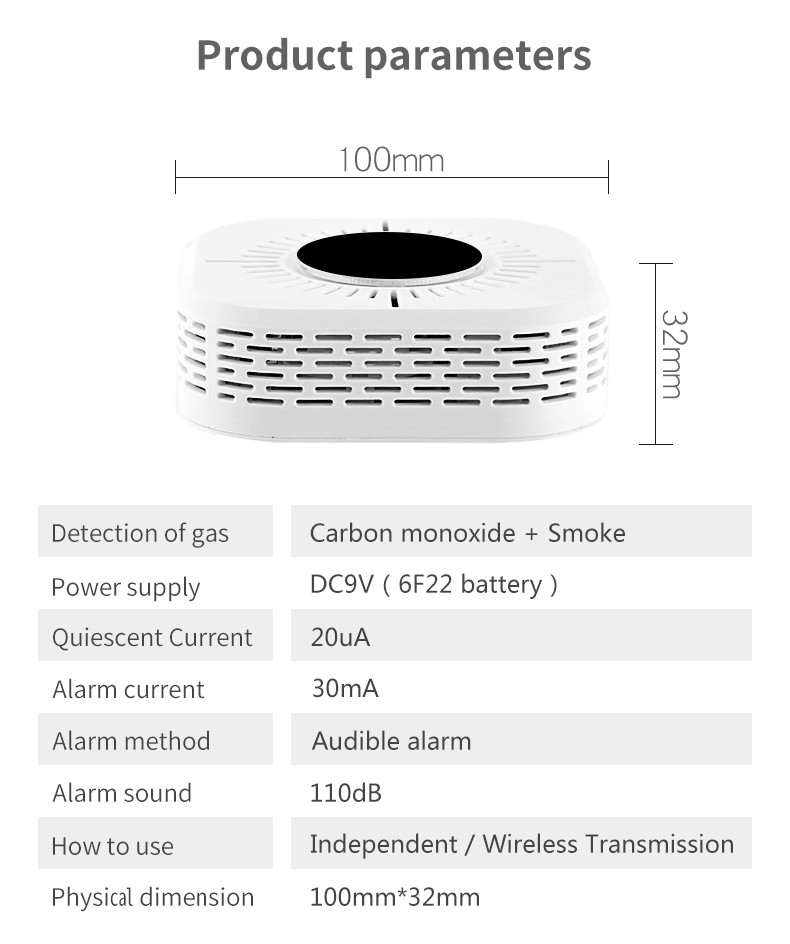 110dB Smoke And Carbon Monoxide Alarm , Indoor Air Quality Detector Home 20uA 30mA