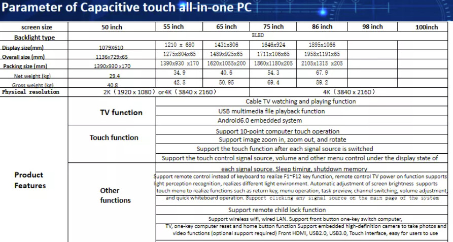 50 55 65 75 86 98inch portable interactive whiteboard Device All In One