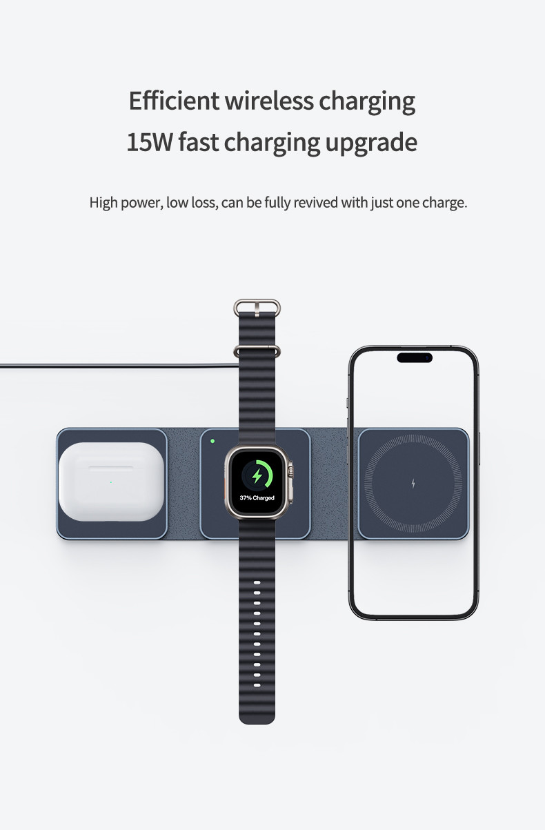 Foldable Wireless Charger with Aluminum Frame and Silicone Pad for Airpods and Apple Watch
