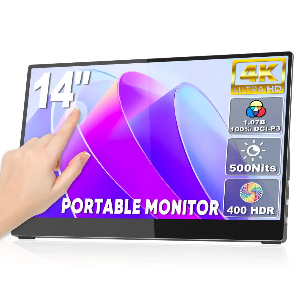 External 14 inch 4K Portable Touch Monitor USB HD Display Built-in Folding Kickstand Speakers