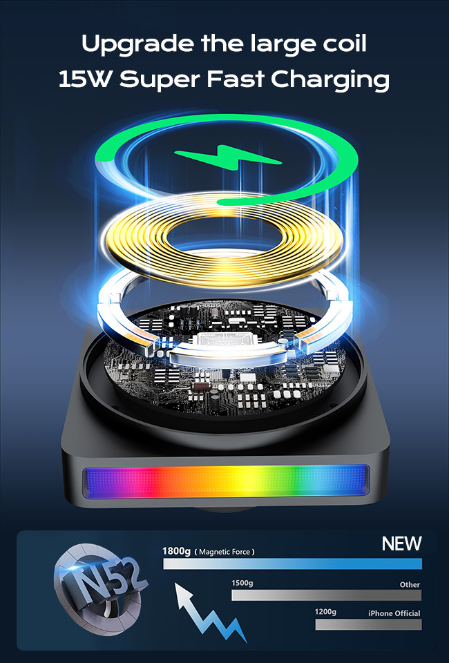 15w Wireless Charger With 9-Color RGB Ambient Light Projection And Central Control For Car Magnetic Phone Holder