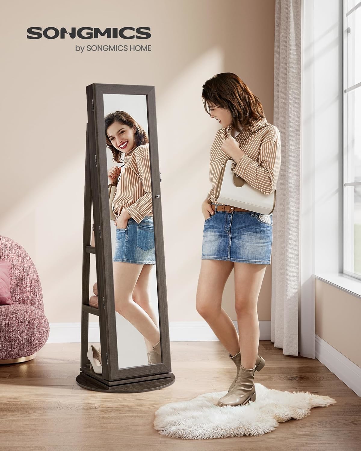 Brown 360° Swivel Jewelry Cabinet Rectangle Standing Mirror With Storage