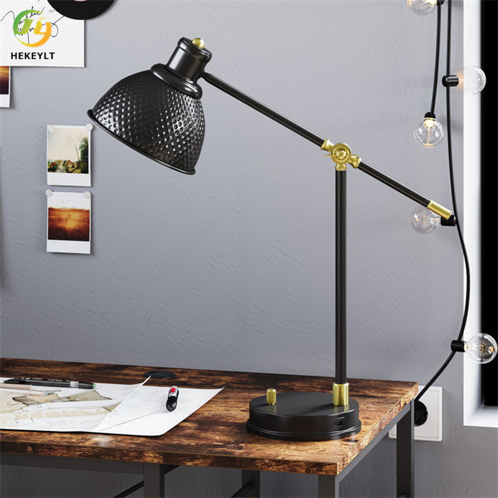 Adjustable Metal Black USB Desk Bedside Table Lamp D9.8 X H26''