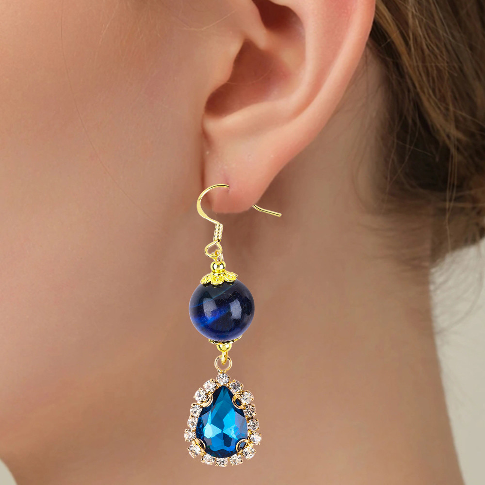 Custom 12MM Crystal Stone Blue Tiger Eye With Blue Sparkling Tear Drop Charm Short Earring For Gift Giving