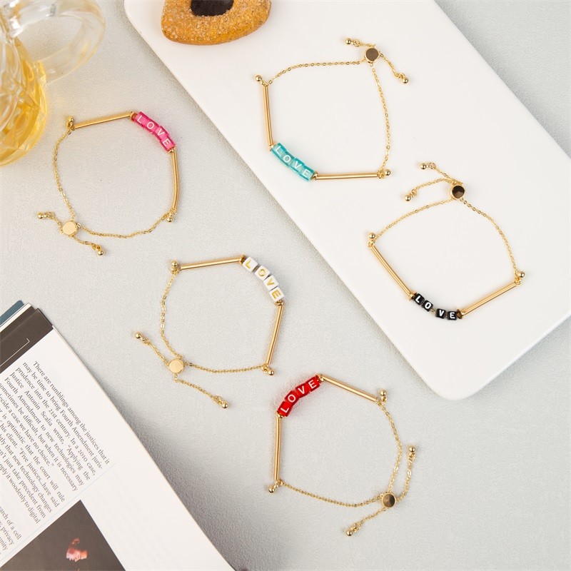 Boho Gold Chain Bracelets Pink Love Letter Beads Adjustable Hypoallergenic