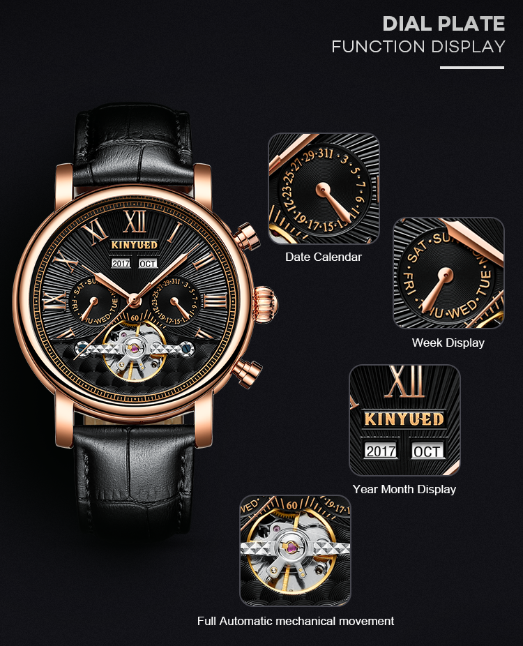 J022-2 Fashion Black Strap Silver Cover Hollow Out Case Back With Complete Calendar Mens Automatic Mechanical Watch