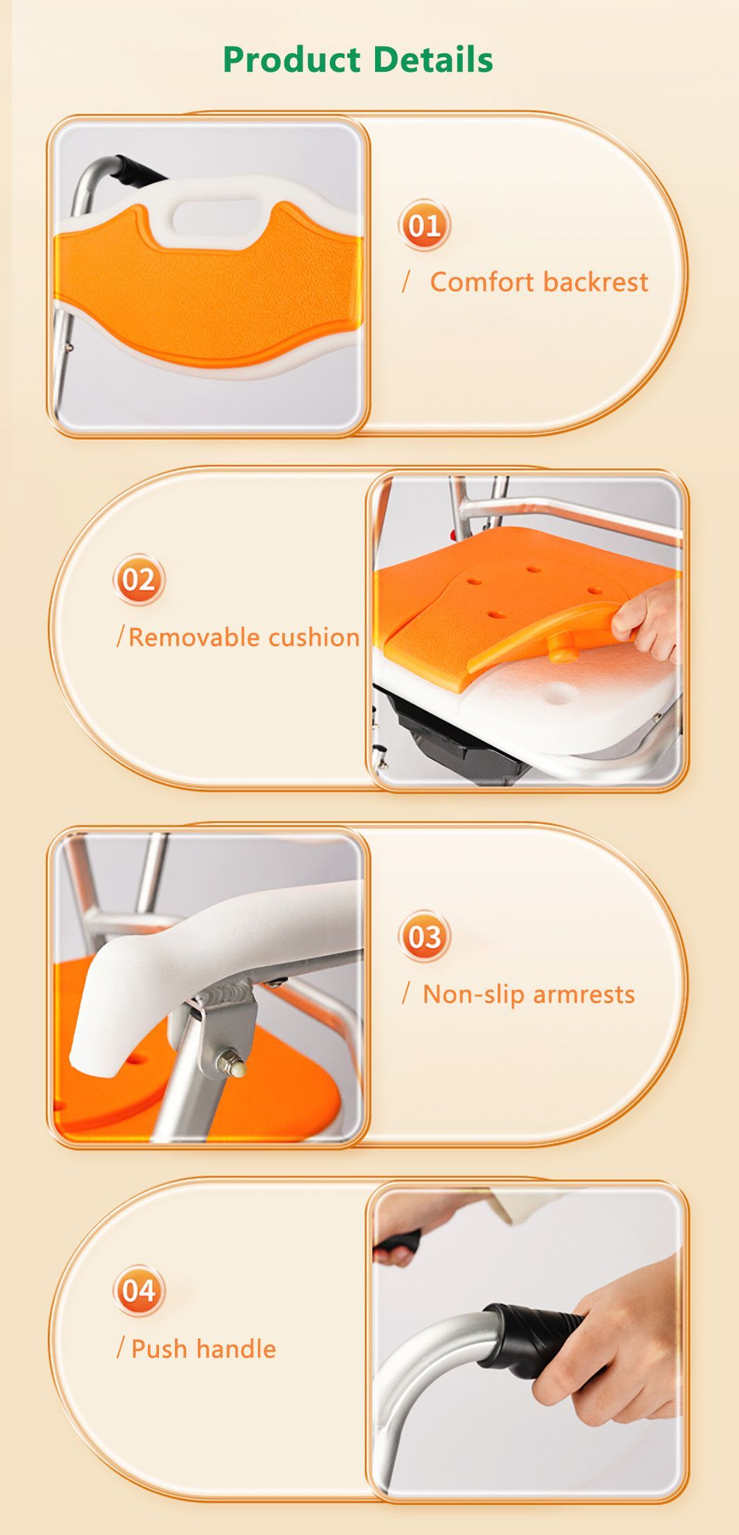 Toilet Safety Chair for Elderly and Disabled Aluminium Mobile Bathroom Chair with Wheels