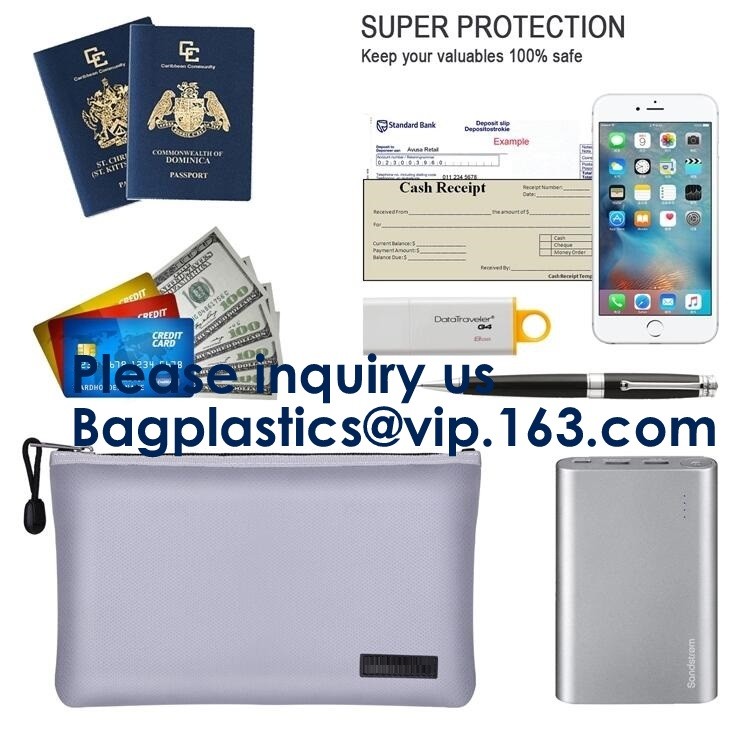 OEM custom luxury travel money passport safe zipper storage pouch fireproof document bag Pouch Money Fiberglass Fire Saf