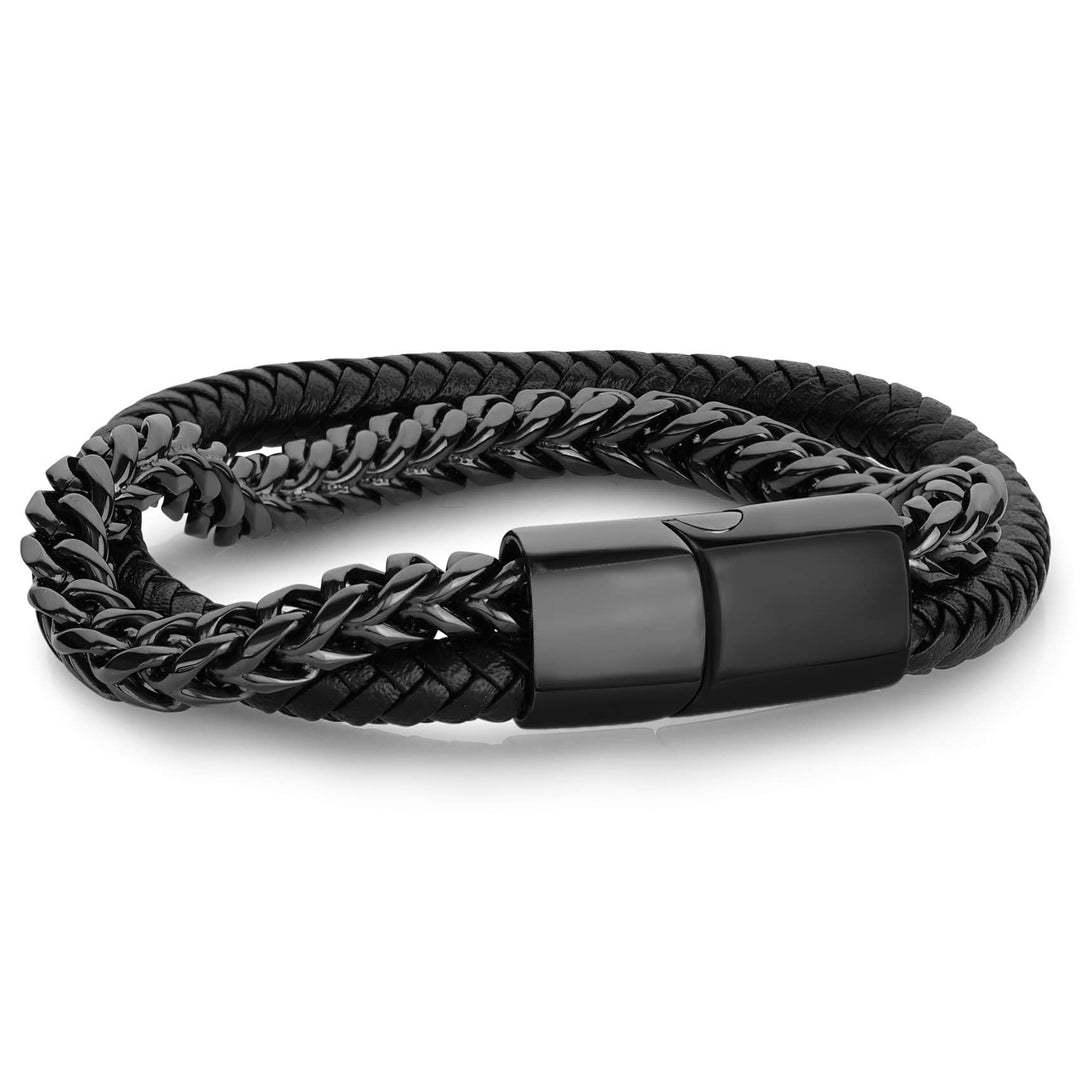Fashion Classic Stainless Steel Bangle Fashion Black Men's Leather Bracelet Jewelry