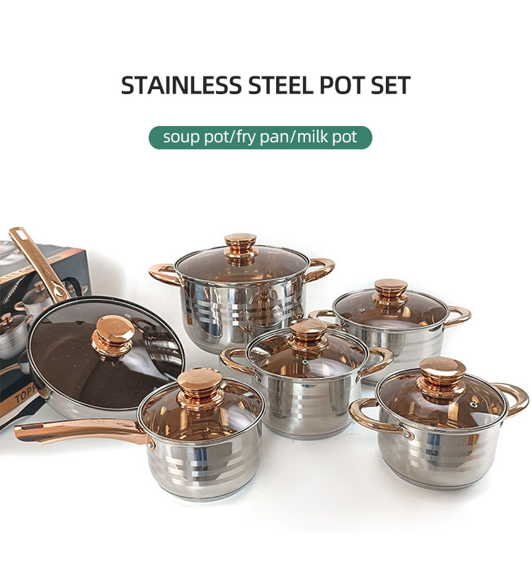 Home Cooking 12pcs Cookware Set Golden Handle Kitchen Pots Stainless Steel Cookware Pan Set Cooking Pot Set