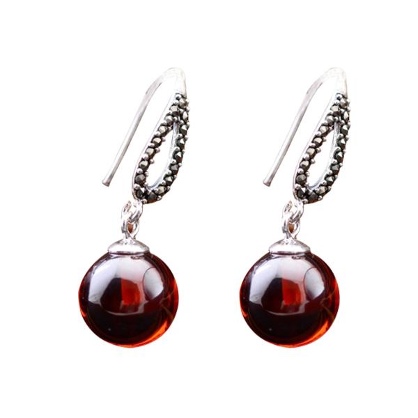 Thai Sterling Silver Marcasite Retro Earrings Synthetic Garnet Bead Drop Earring