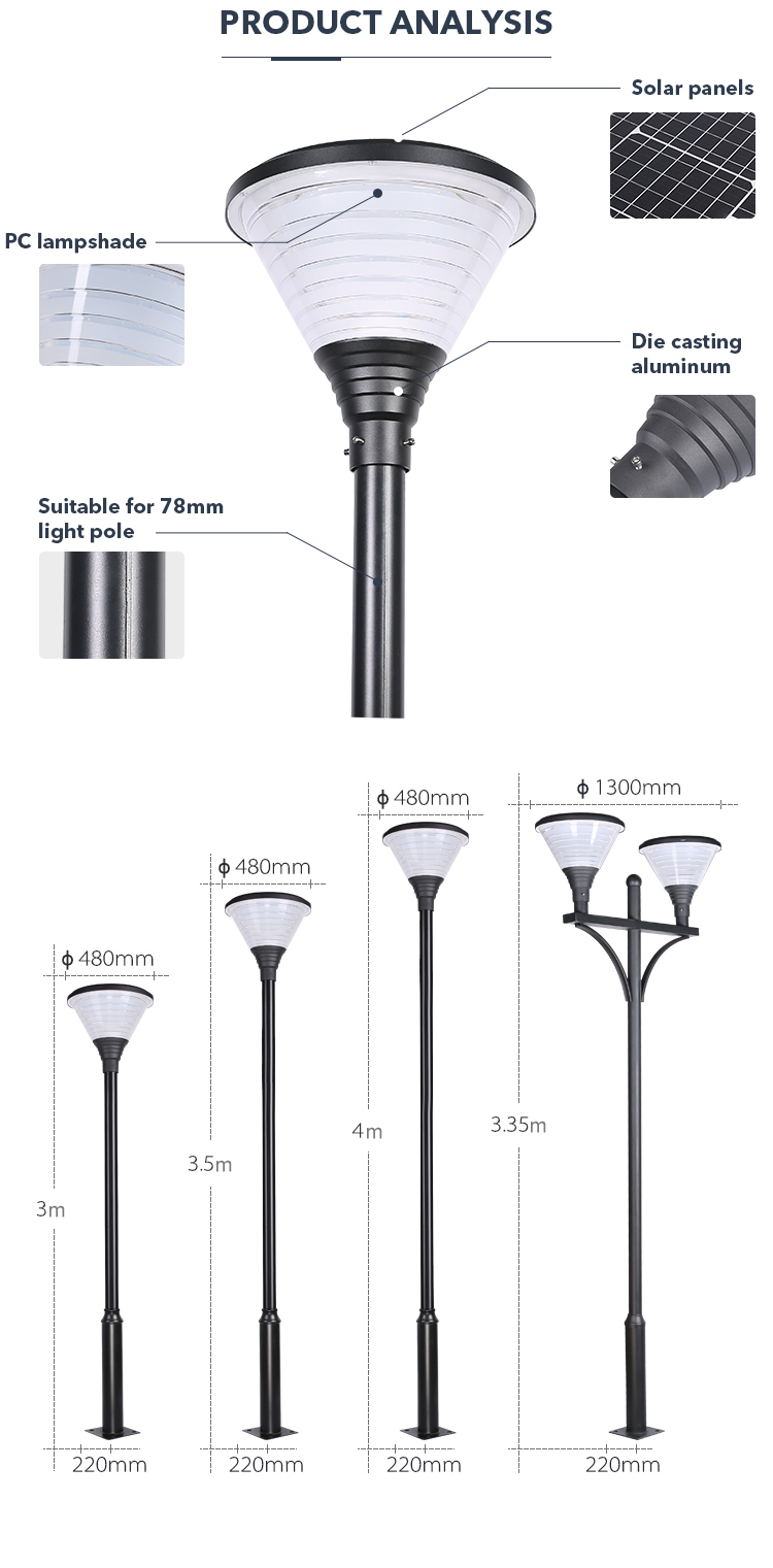 Light Control Aluminum Pole Solar Waterproof Lights With Mono Solar Panel